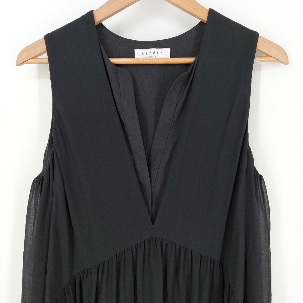 Sandro Black Sheer Sleeveless V-Neck Dress, Sz 2 - Picture 3 of 12